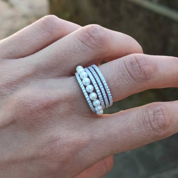 SLAN070RO Bague zircon et perles multi-rangs SLAN070RO Bague zircon et perles multi-rangs
